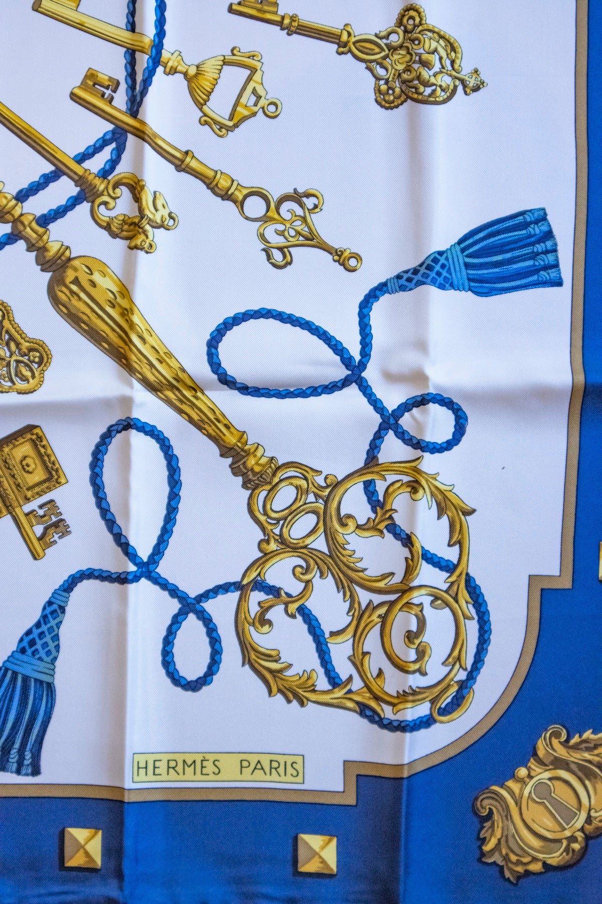 Hermès - Seidentuch 90 Les Cles Blau - Weiss - Gold