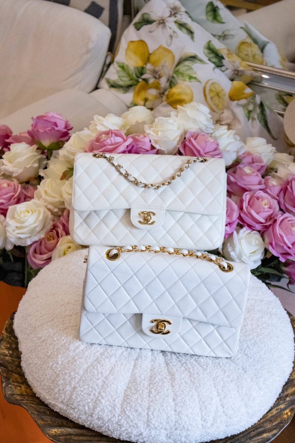 Chanel - Medium Double Flap Bag Weiss Caviar Leder Goldene Hardware