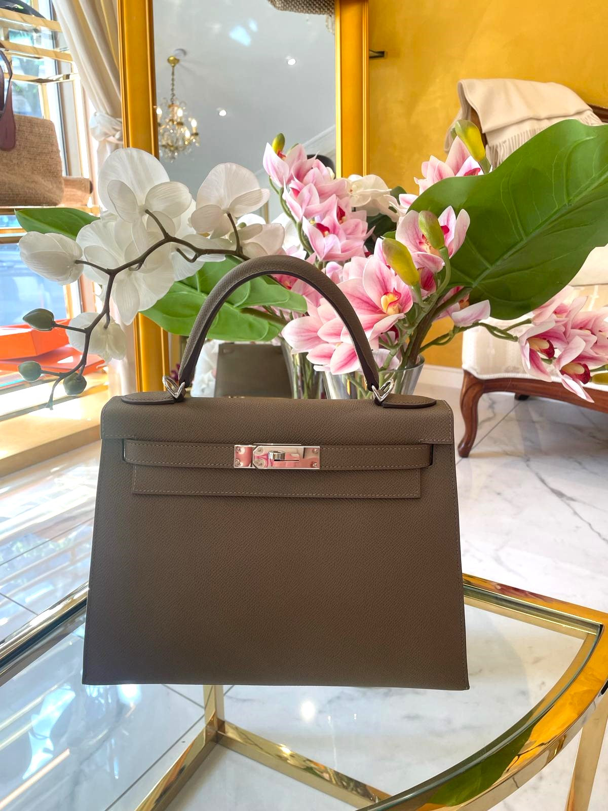 Hermès - Kelly Bag 28 Anthrazit Sellier personalisiert mit Hufeisen Silberne Hardware