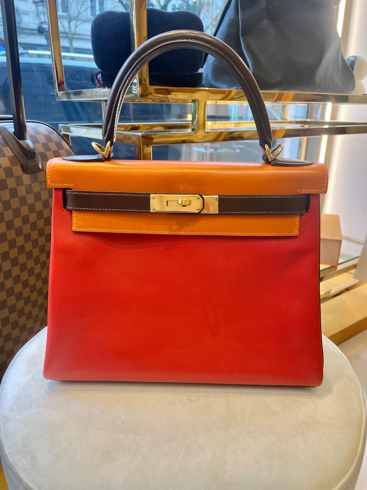 Hermès - Kelly Bag 28 Tricolore rot, orange, braun Box Kalbsleder