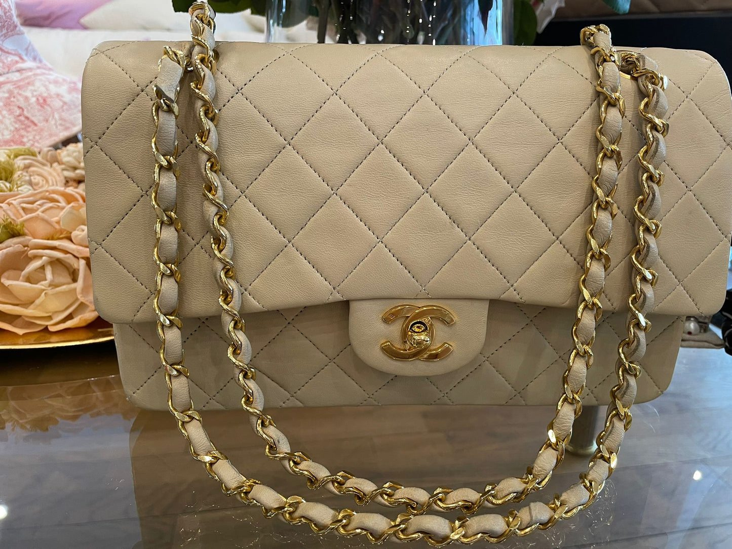 Chanel - Medium Double Flap Bag Beige Lambskin Golden Hardware