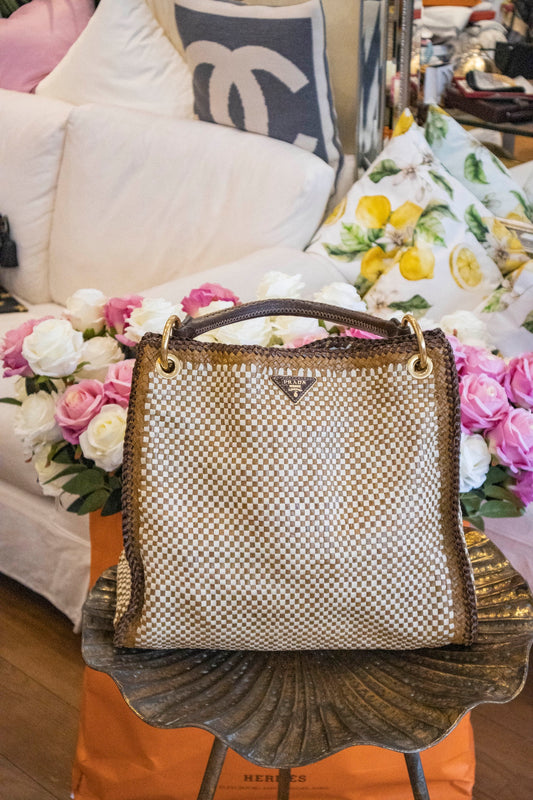 Prada - Madras Leder Handtasche Beige Braun