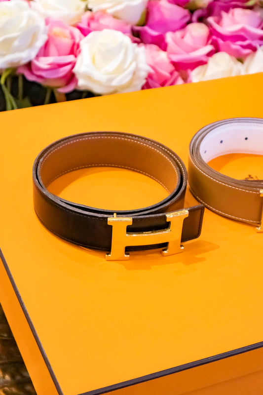 Hermès - Wendegürtel Schwarz Boxkalbsleder - Gold Epsom Leder