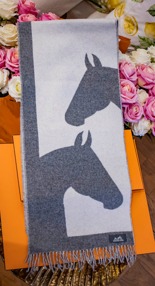 Hermès - Kaschmir Schal, Graues Pferdemotiv