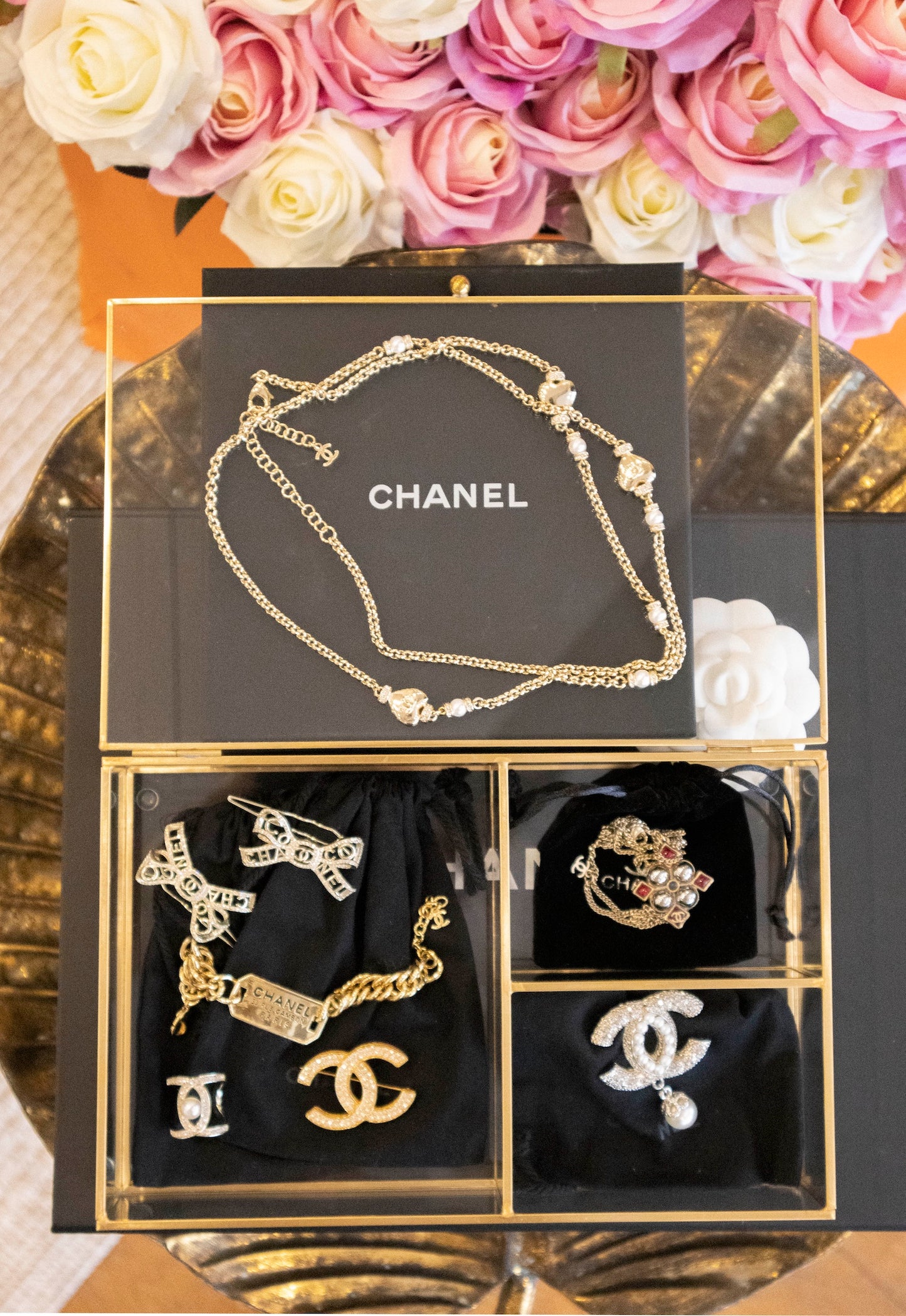 Chanel - Vintage Brosche CC Strass Goldfarben