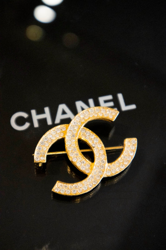 Chanel - Vintage Brosche CC Strass Goldfarben