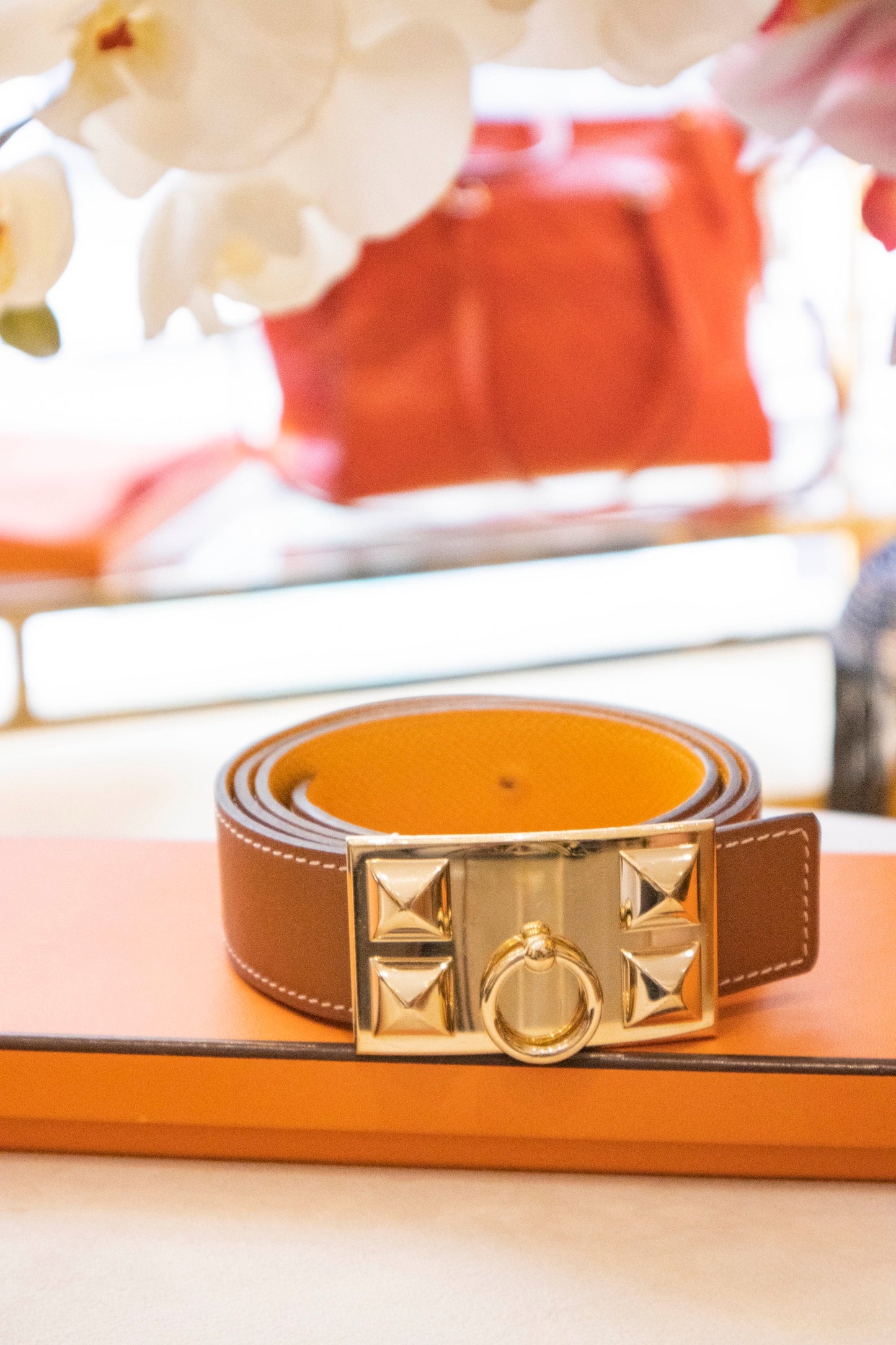 Hermès - Wendegürtel Collier de Chien Swift Leder Cognac & Epsom Leder orange