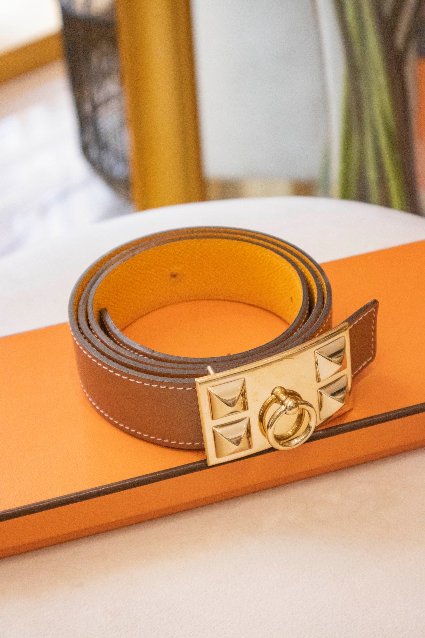 Hermès - Wendegürtel Collier de Chien Swift Leder Cognac & Epsom Leder orange