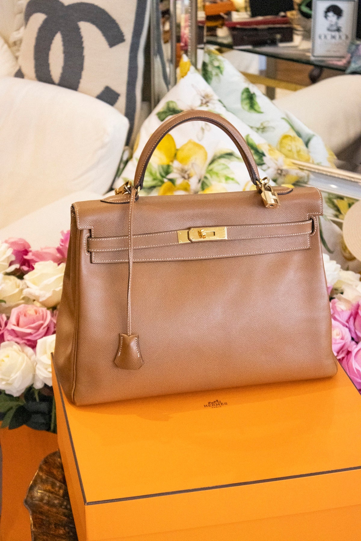 Hermès - Vintage Kelly Bag 35 Gold Courchevel Leder Goldene Hardware