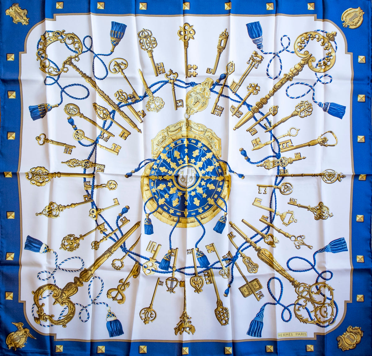 Hermès - Seidentuch 90 Les Cles Blau - Weiss - Gold