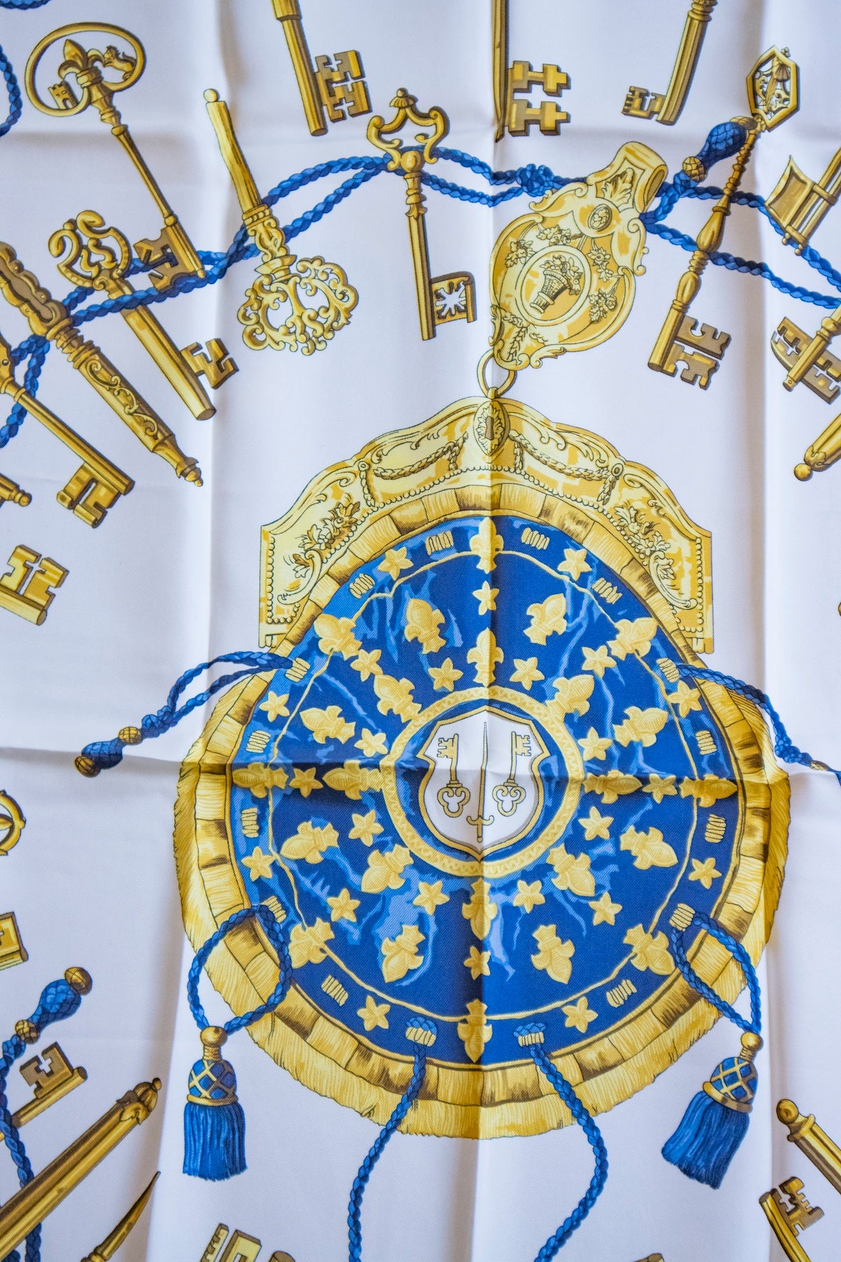 Hermès - Seidentuch 90 Les Cles Blau - Weiss - Gold