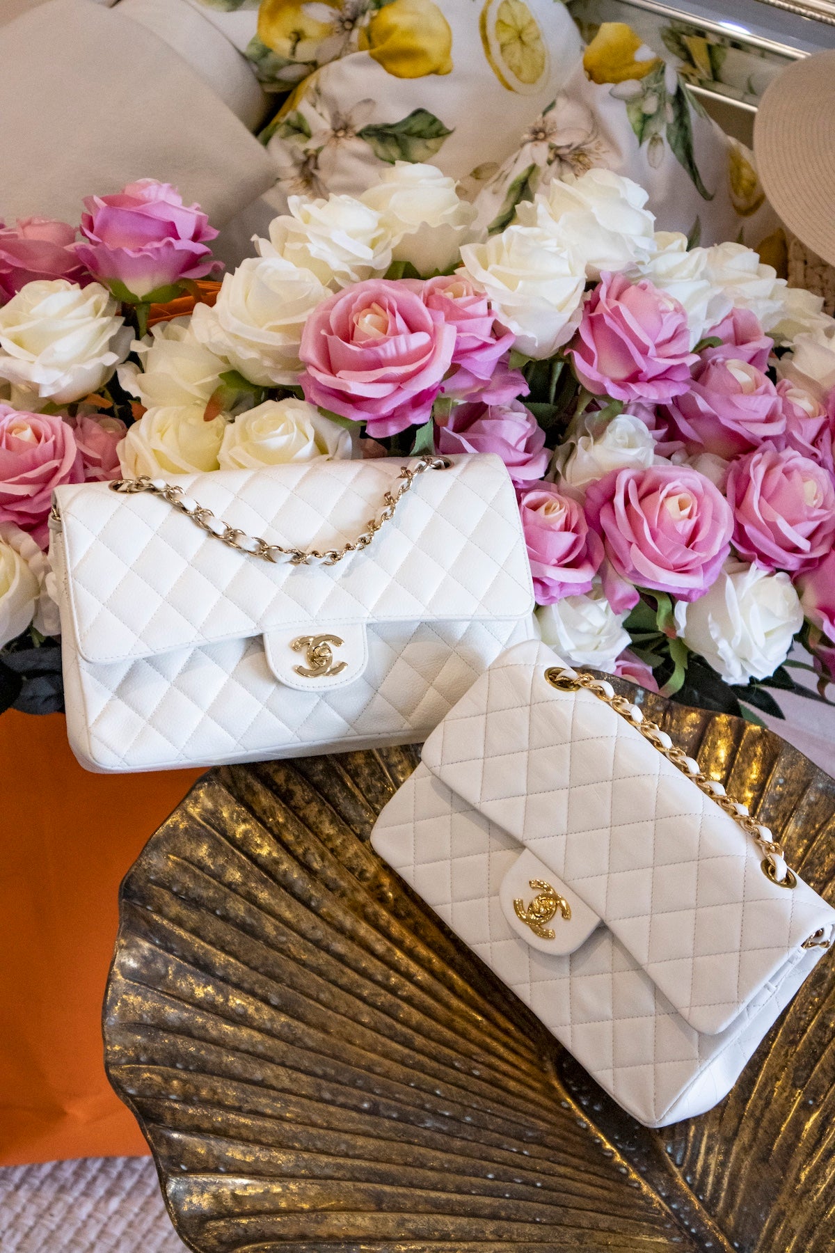 Chanel - Medium Double Flap Bag Weiss Caviar Leder Goldene Hardware