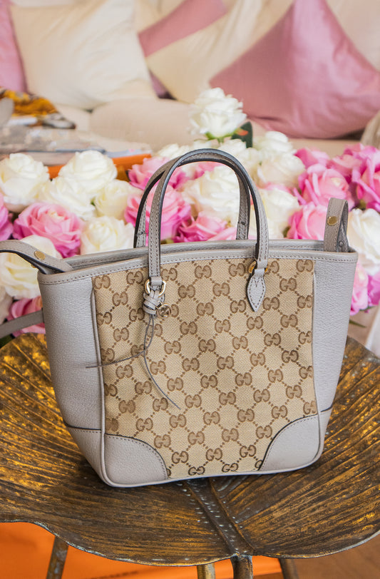 Gucci – Bree Tote Small aus GG Canvas mit grauem Leder