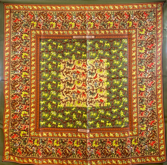 Hermès - Green Chasse En Inde Silk Carré 90