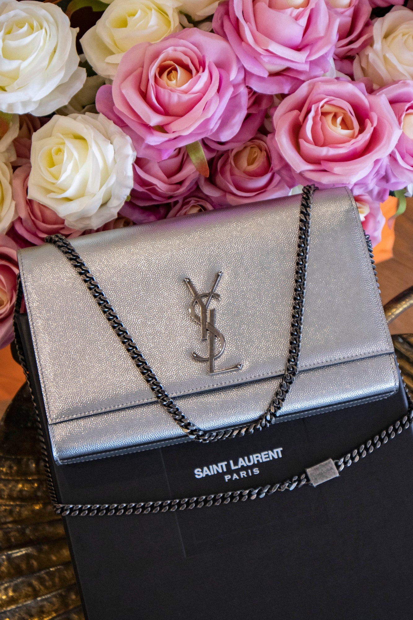 Saint Laurent - Kate Silberne Leder Handtasche