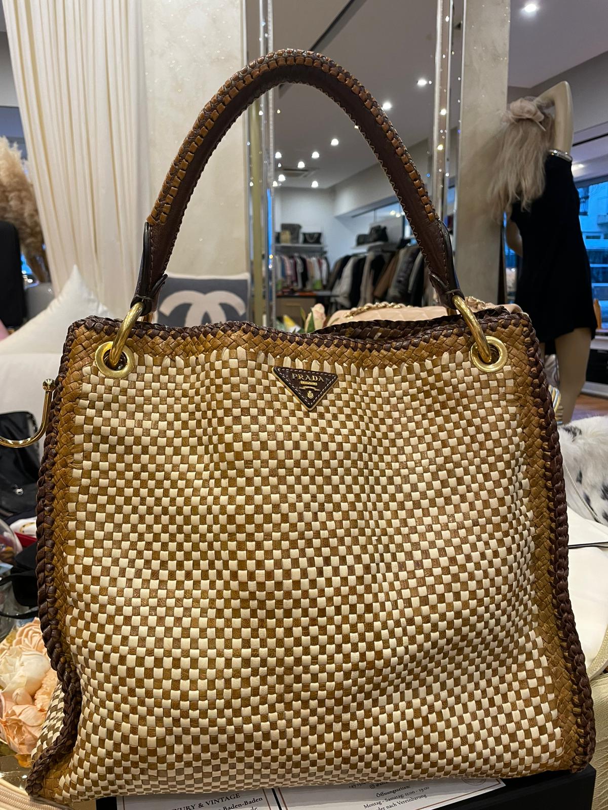 Prada - Madras Leder Handtasche Beige Braun