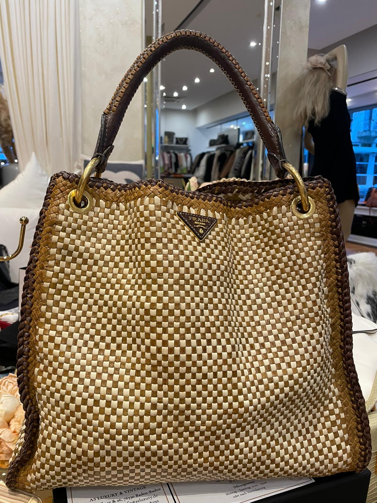 Prada - Madras Leder Handtasche Beige Braun